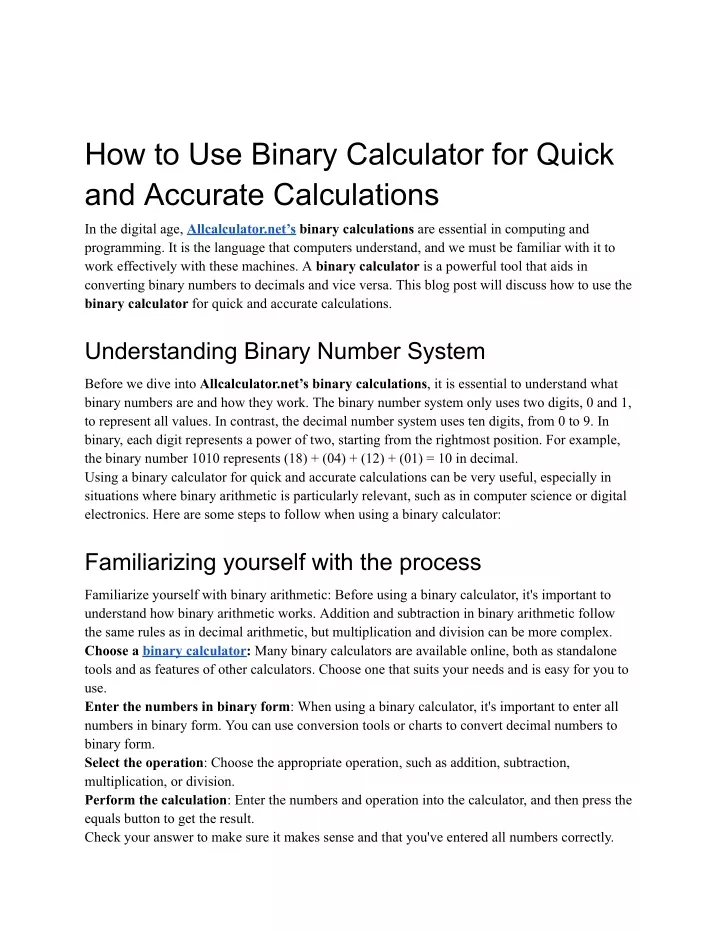 how to use binary calculator for quick