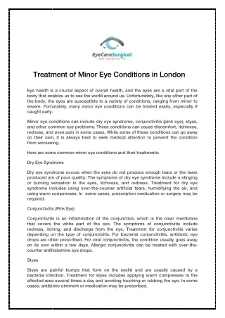 Treatment of Minor Eye Conditions in London