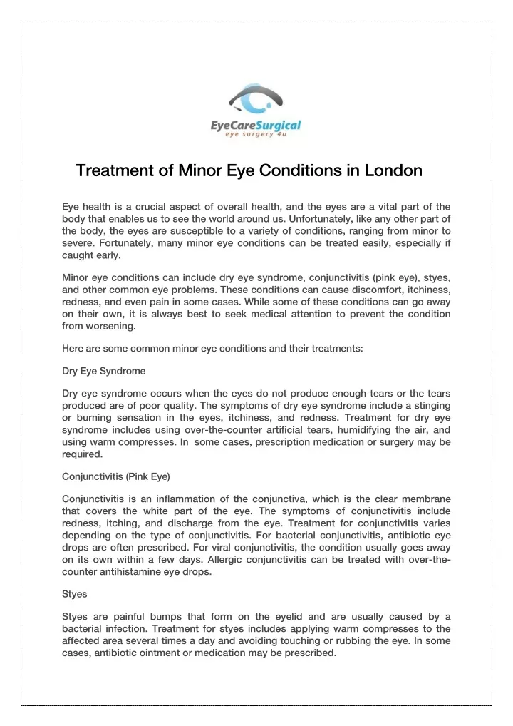treatment of minor eye conditions in london
