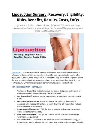 Liposuction Surgery - Recovery, Eligibility, Risks, Benefits, Results, Costs, FAQs