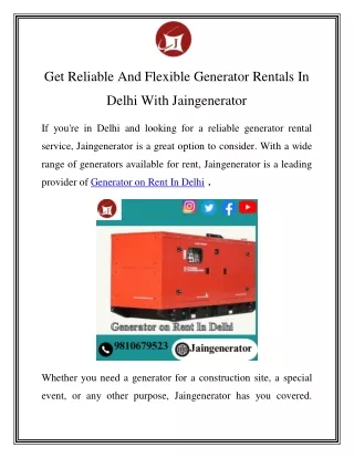 Generator on Rent In Delhi Call-9810679523