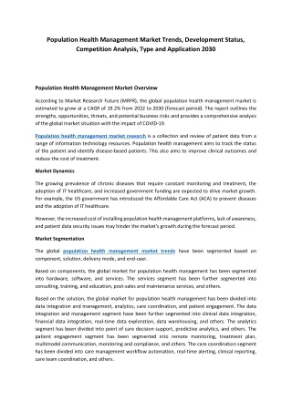 Population Health Management Market Trends, Growth, Key Factors, Manufacture Pla