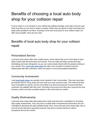 Benefits of choosing a local auto body shop for your collision repair