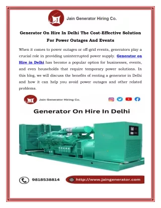 Generator On Hire In Delhi The Cost Effective Solution For Power Outages And Events