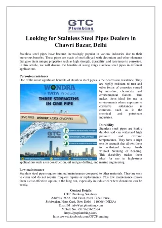 Looking for Stainless Steel Pipes Dealers in Chawri Bazar, Delhi