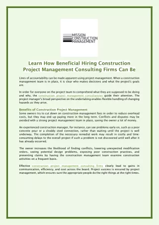 Learn How Beneficial Hiring Construction Project Management Consulting Firms Can Be