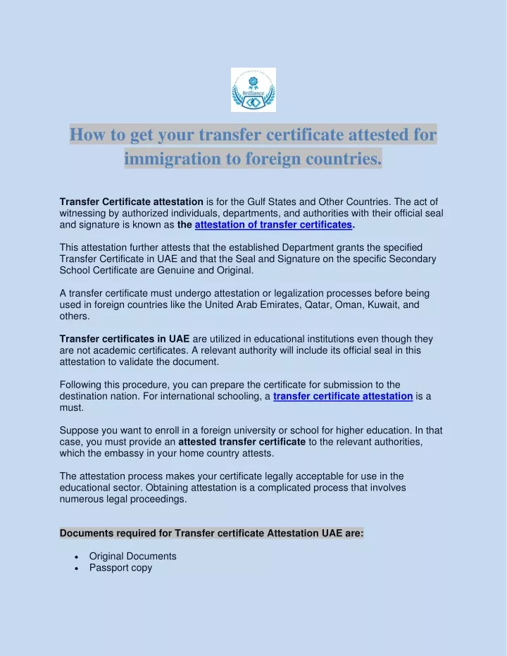 how to get your transfer certificate attested