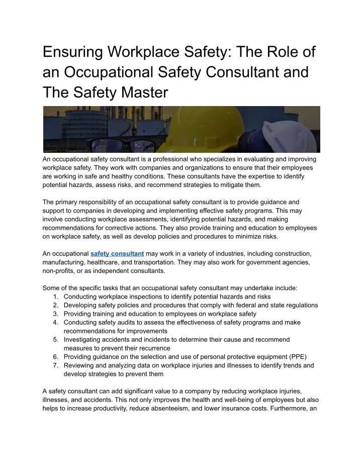 ensuring workplace safety the role