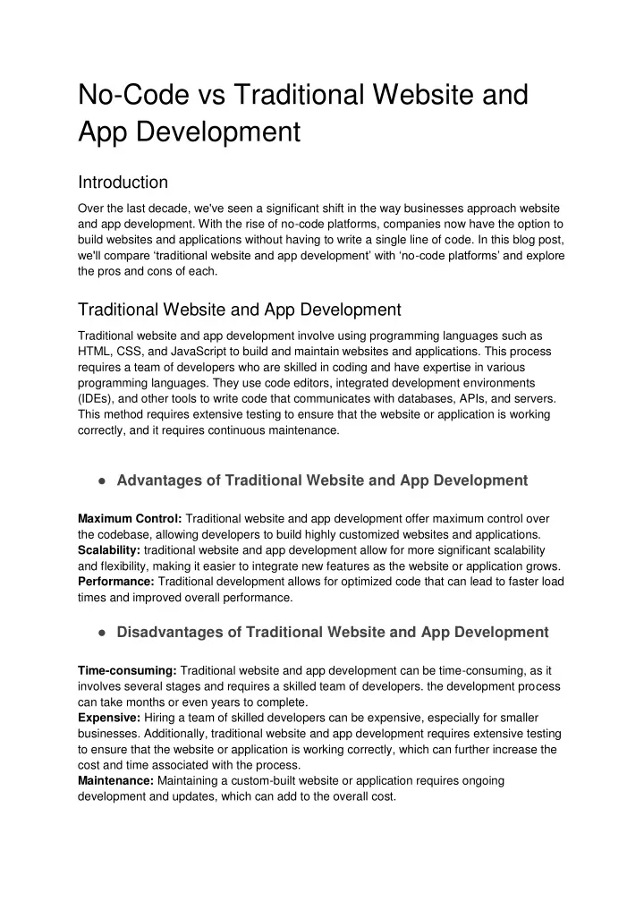 no code vs traditional website and app development