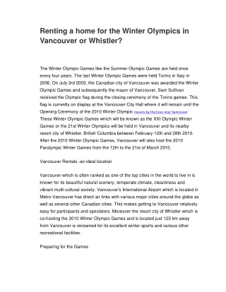Renting a home for the Winter Olympics in Vancouver or Whistler