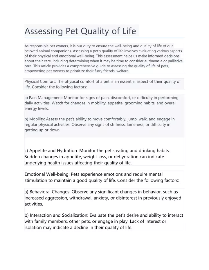 assessing pet quality of life
