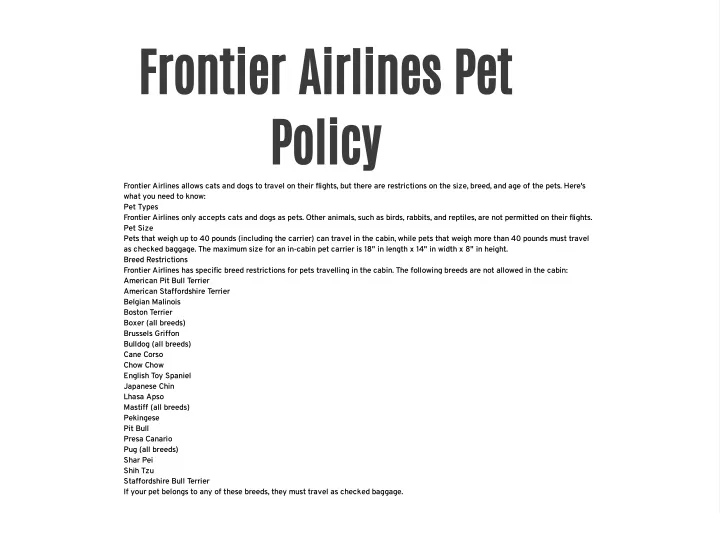 frontier airlines pet policy frontier airlines