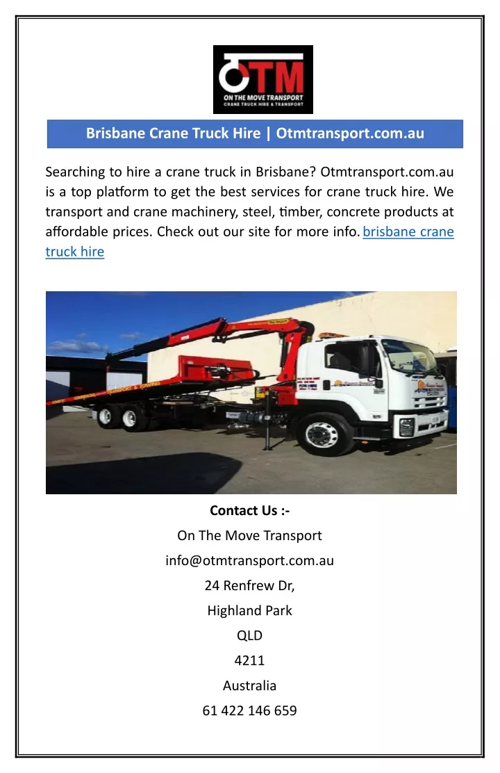 brisbane crane truck hire otmtransport com au