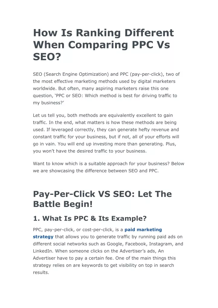 PPT   How Is Ranking Different When Comparing PPC Vs SEO PowerPoint