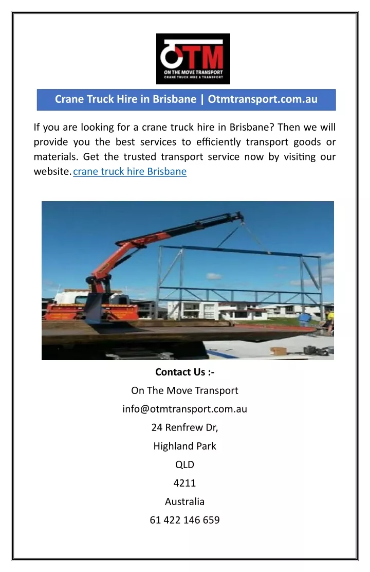 crane truck hire in brisbane otmtransport com au