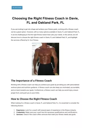 Choosing the Right Fitness Coach in Davie, FL and Oakland Park, FL