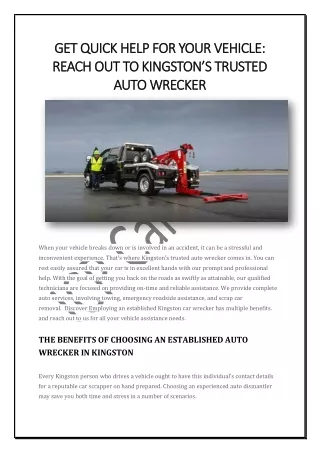 GET QUICK HELP FOR YOUR VEHICLE: REACH OUT TO KINGSTON’S TRUSTED AUTO WRECKER