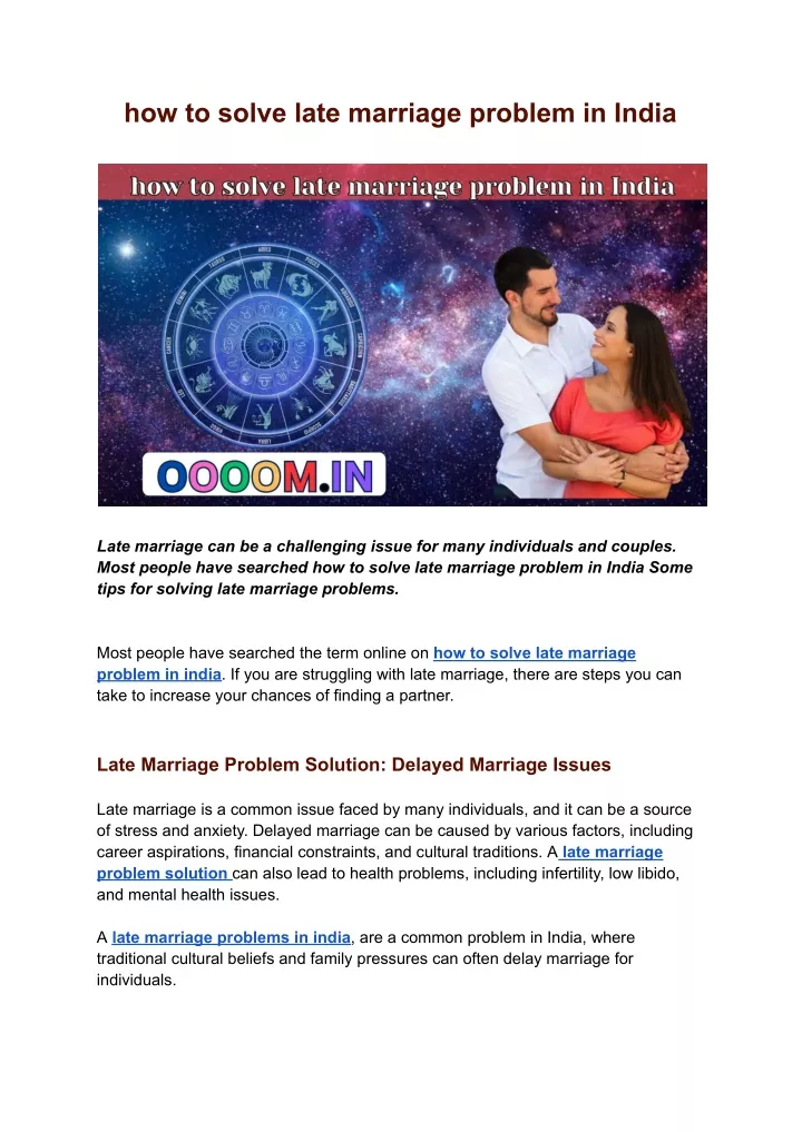how to solve late marriage problem in india