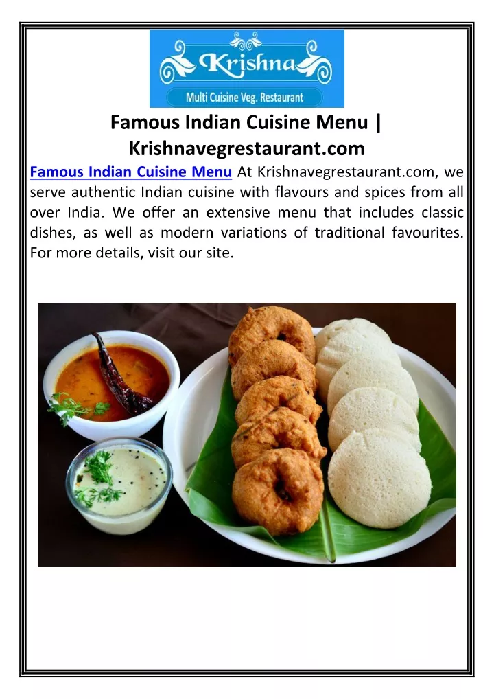 famous indian cuisine menu krishnavegrestaurant