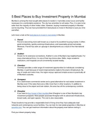 5 Best Places to Buy Investment Property in Mumbai