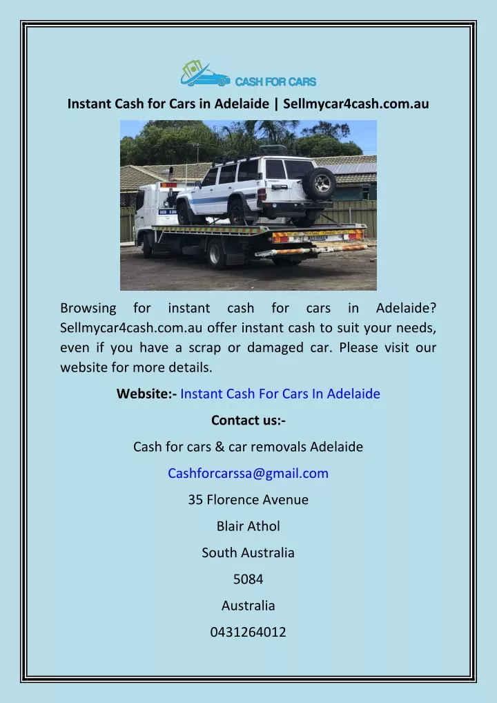 instant cash for cars in adelaide sellmycar4cash