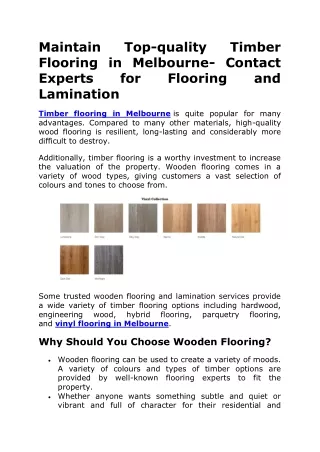 Maintain Top-quality Timber Flooring in Melbourne- Contact Experts for Flooring and Lamination
