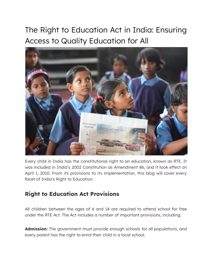 the right to education act in india ensuring