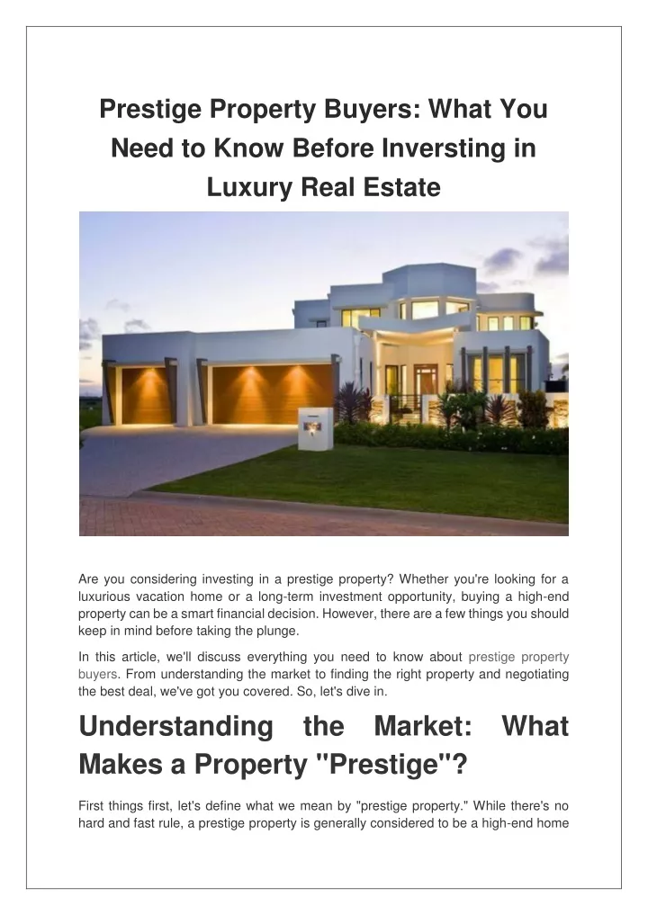 prestige property buyers what you need to know
