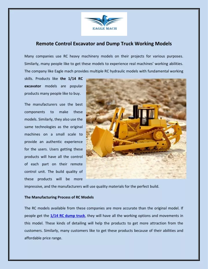 remote control excavator and dump truck working