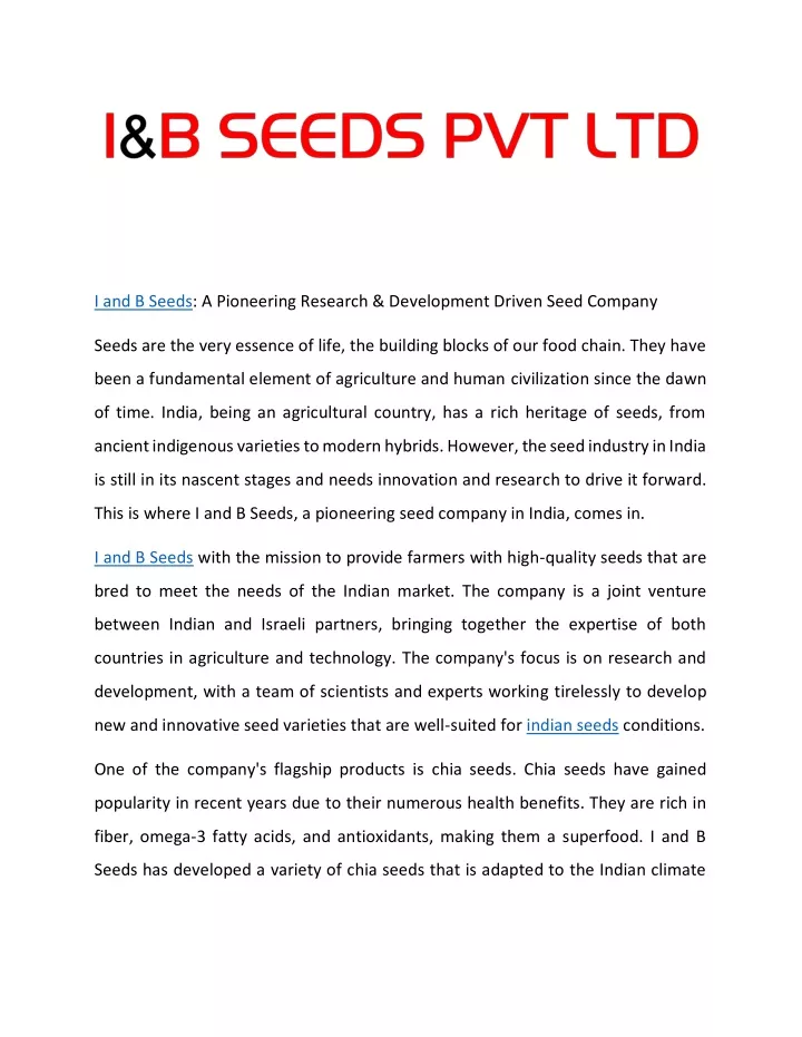 i and b seeds a pioneering research development