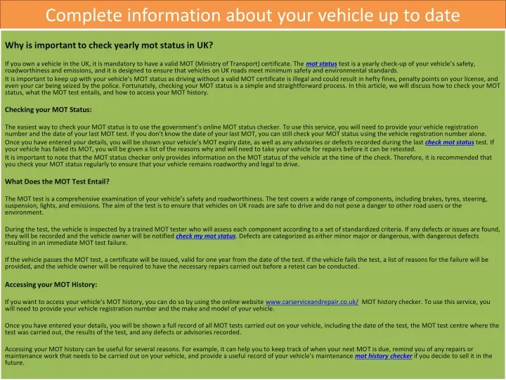 complete information about your vehicle up to date