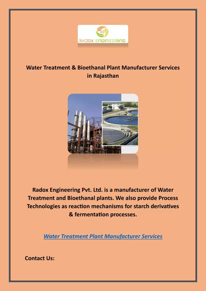 water treatment bioethanal plant manufacturer