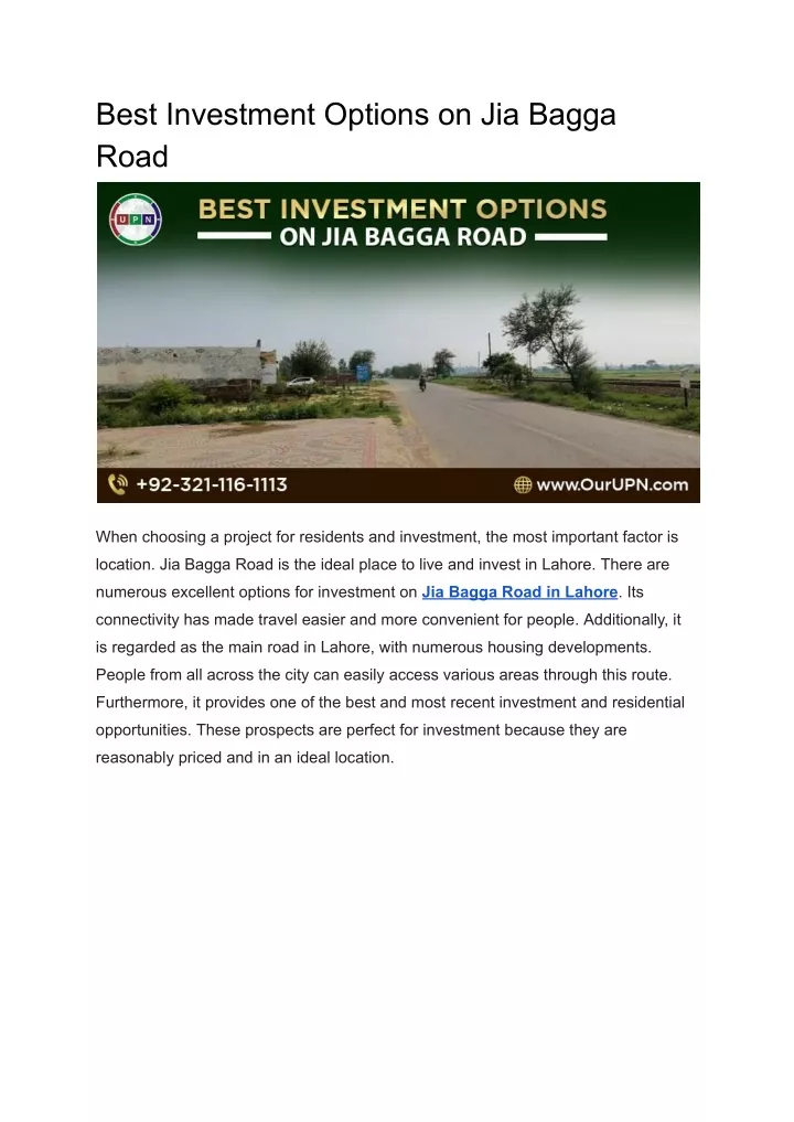 best investment options on jia bagga road