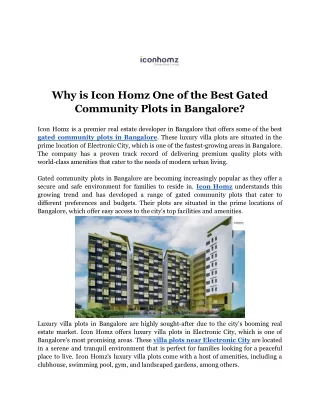 Why is Icon Homz One of the Best Gated Community Plots in Bangalore