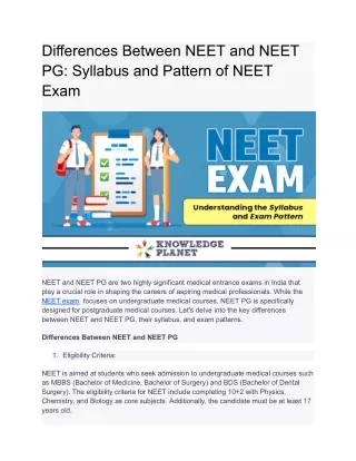 Differences Between NEET and NEET PG Syllabus and Pattern of NEET Exam