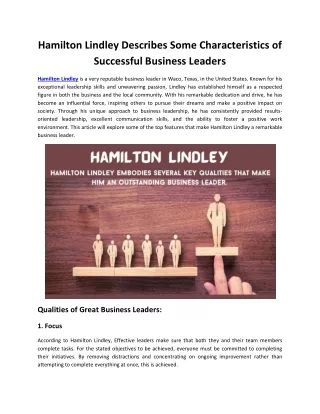 Hamilton Lindley Describes Some Characteristics of Successful Business Leaders