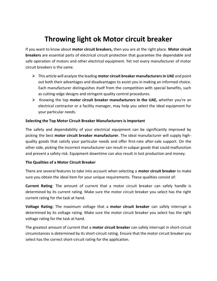 throwing light ok motor circuit breaker