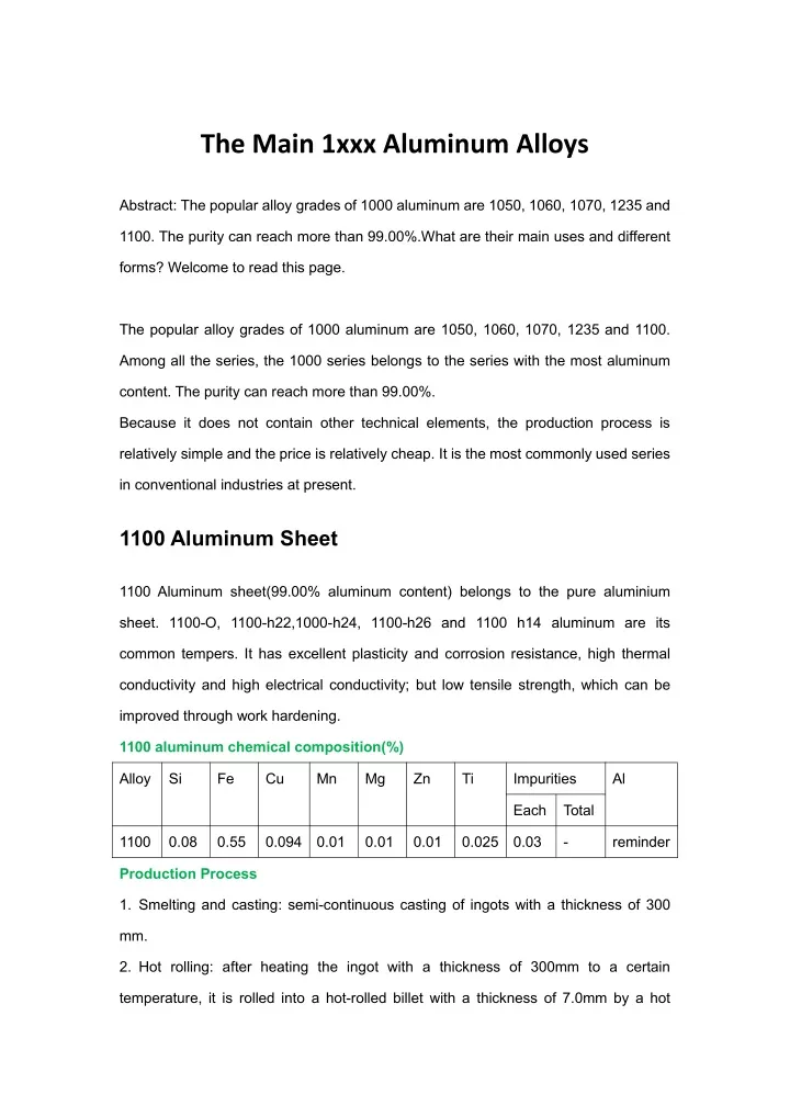 the main 1xxx aluminum alloys