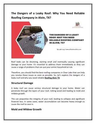 The Dangers of a Leaky Roof: Why You Need Reliable Roofing Company in Alvin, TX?