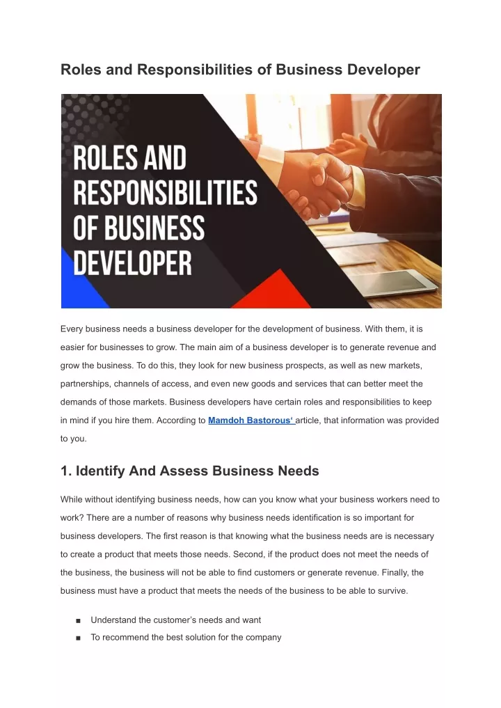 roles and responsibilities of business developer