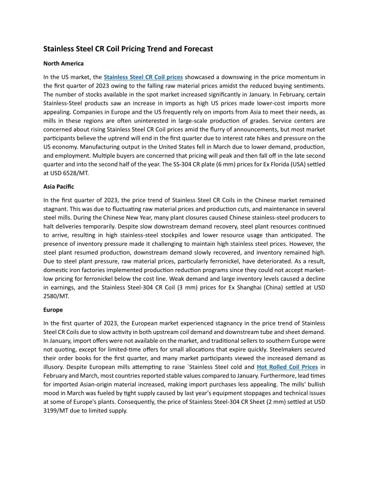 stainless steel cr coil pricing trend and forecast