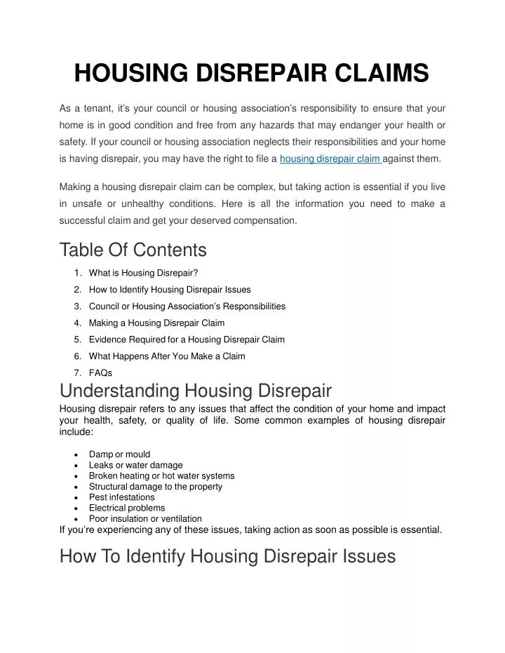 PPT - HOUSING DISREPAIR CLAIMS PowerPoint Presentation, free