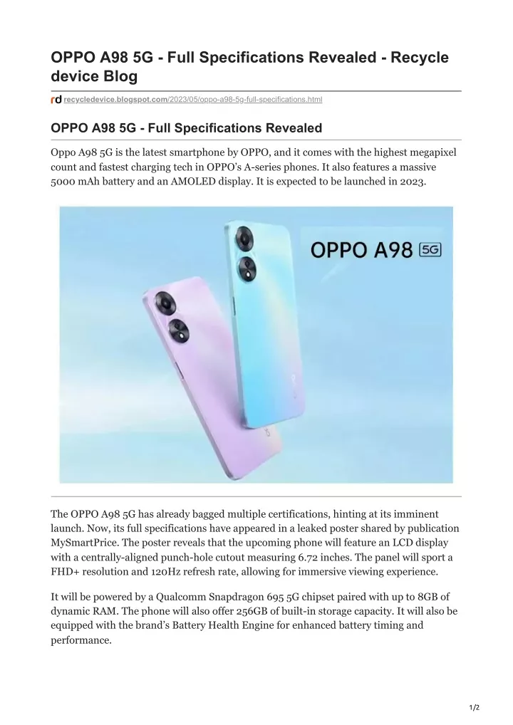 oppo a98 5g full specifications revealed recycle