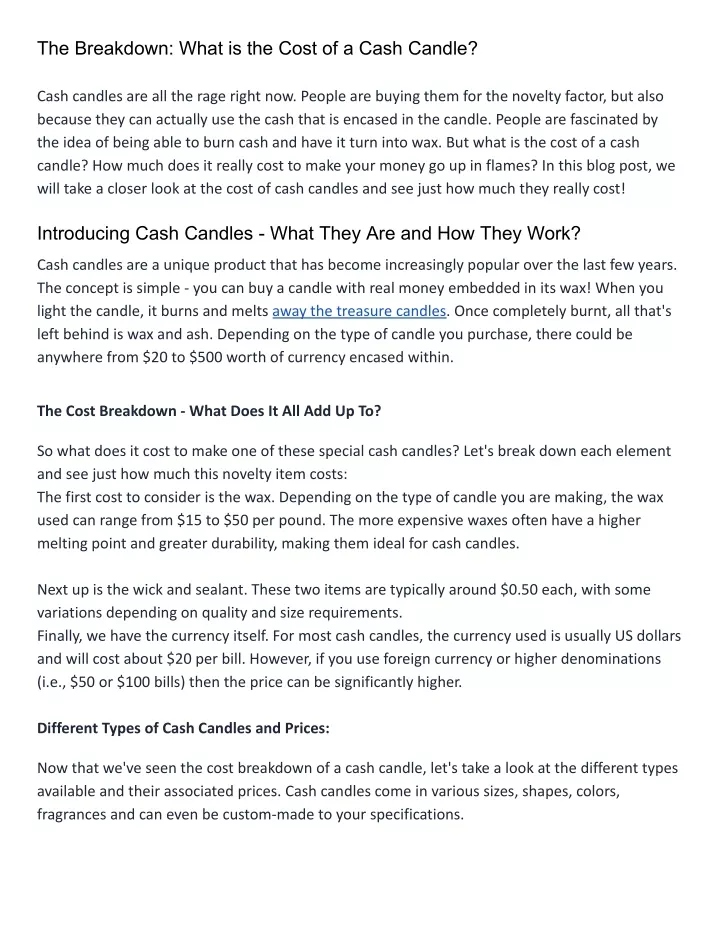 the breakdown what is the cost of a cash candle