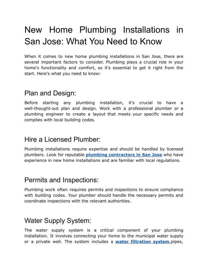 new home plumbing installations in san jose what