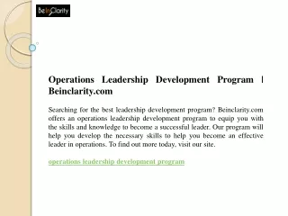 Operations Leadership Development Program  Beinclarity.com