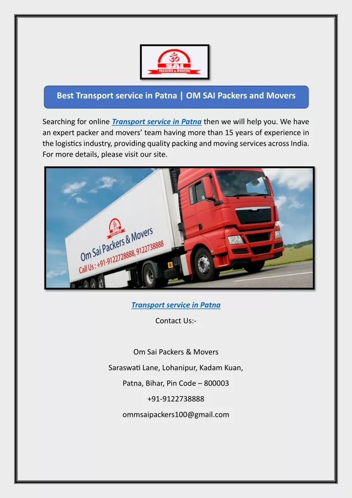 best transport service in patna om sai packers