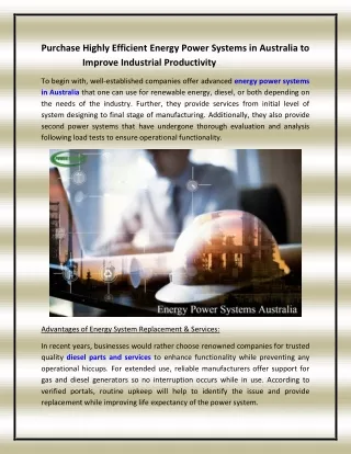 Purchase Highly Efficient Energy Power Systems in Australia to Improve Industrial Productivity