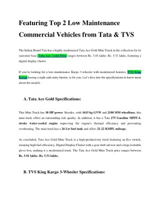 Featuring Top 2 Low Maintenance Commercial Vehicles from Tata & TVS