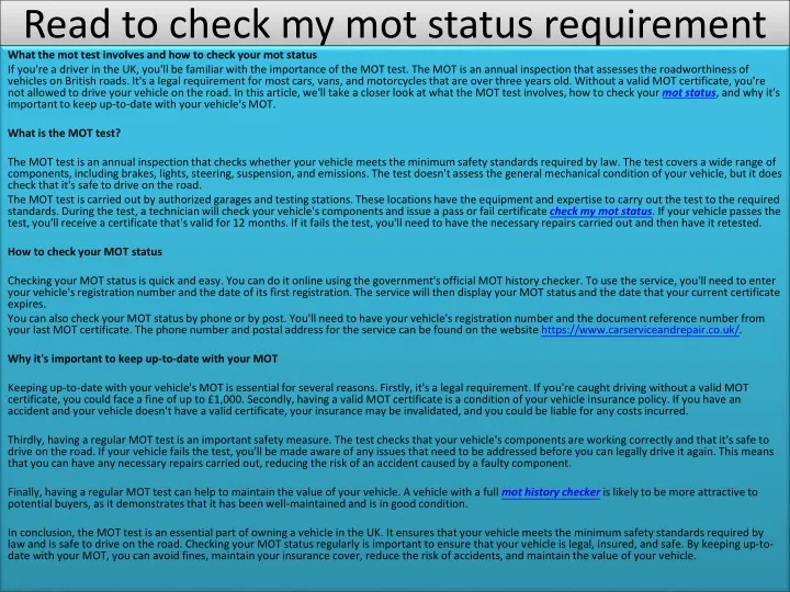 read to check my mot status requirement